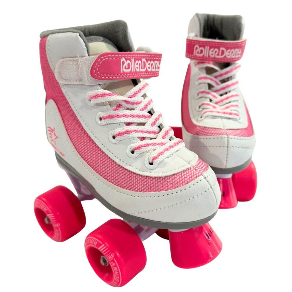 Kids Roller Skates Roller Derby Adjustable– Pink & White – Size Jr 12